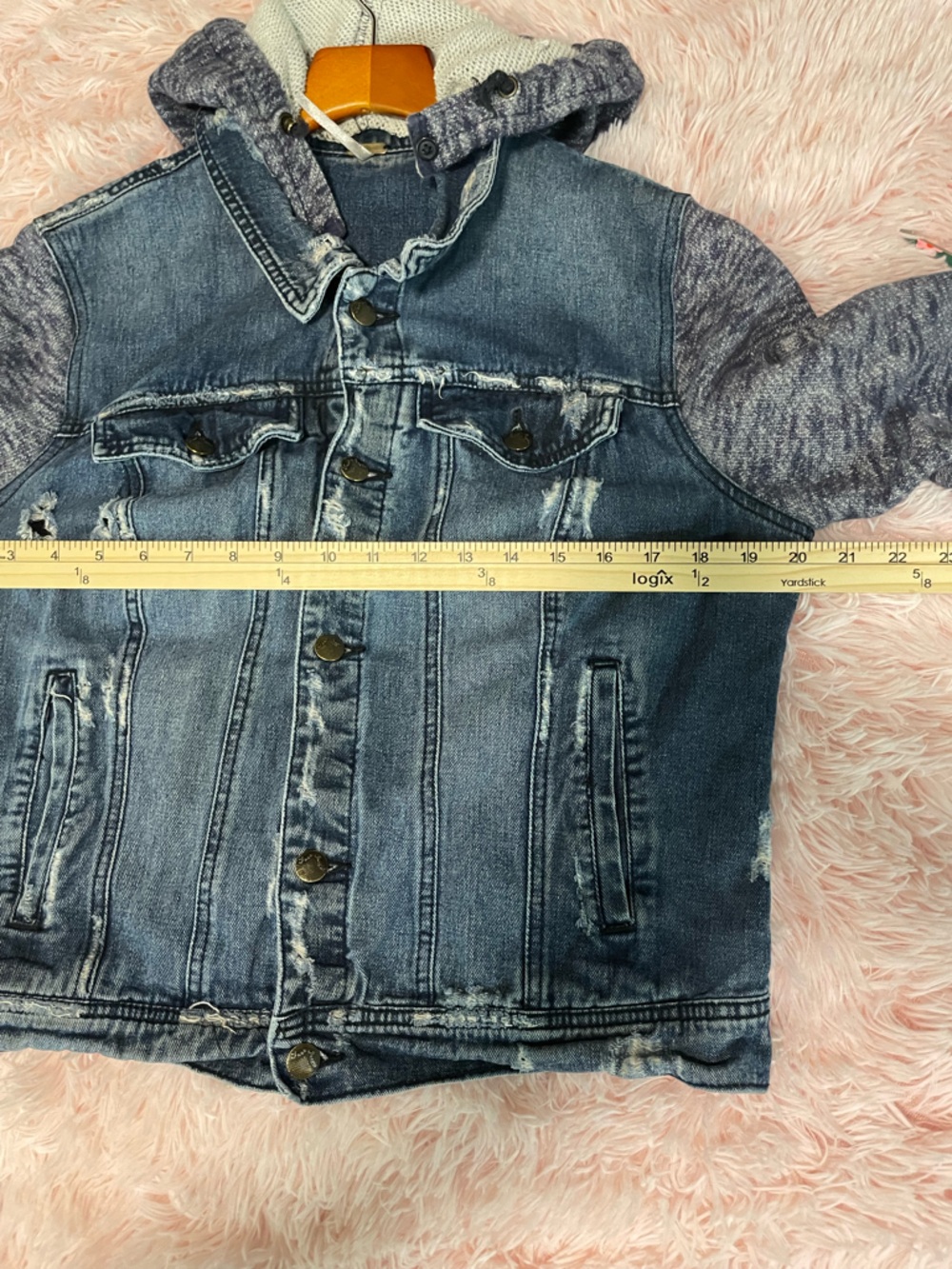 Free People Blue Denim Jacket with Heathered Gray Knit Sleeves - Picture 7 of 12